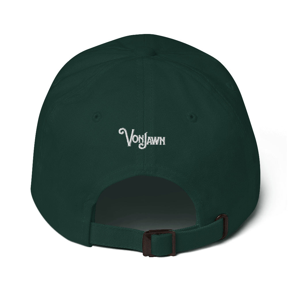 A back view of a green baseball hat with "Von Jawn" embroidered in white over the opening.