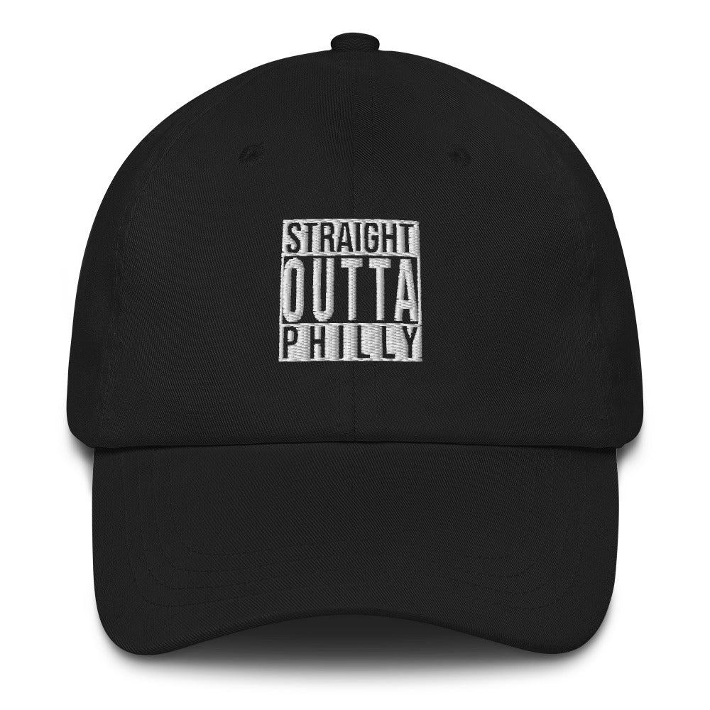 A black baseball cap on a white background with "Straight Outta Philly" embroidered on the front in white.