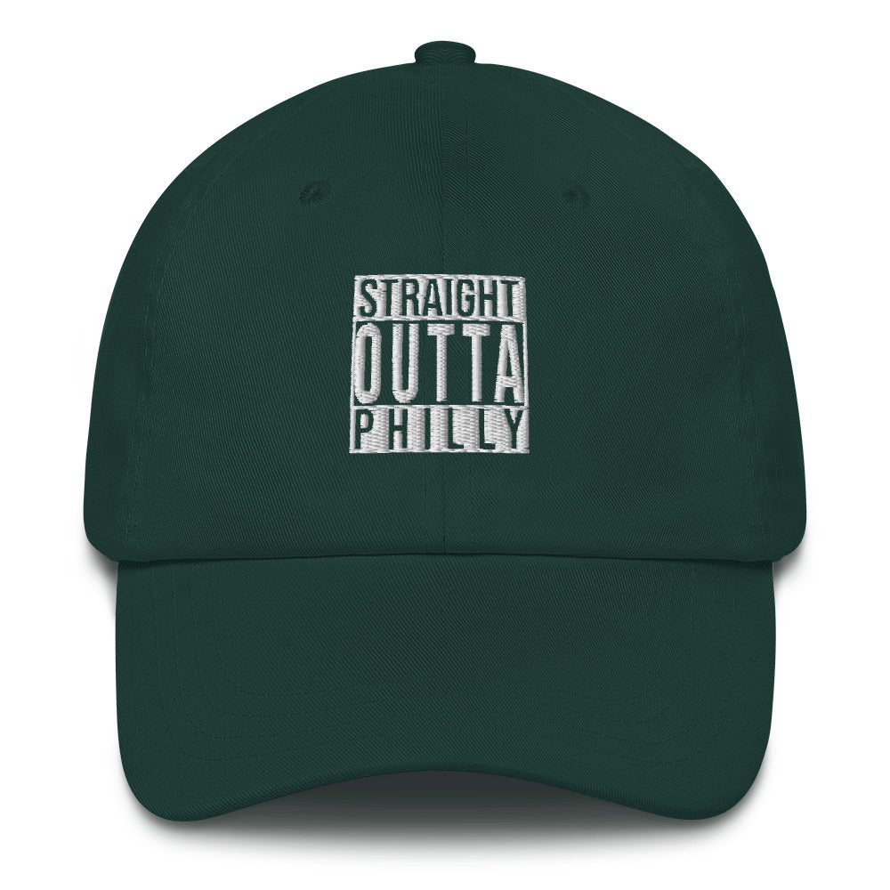A dark green baseball cap on a white background with "Straight Outta Philly" embroidered on the front in white.